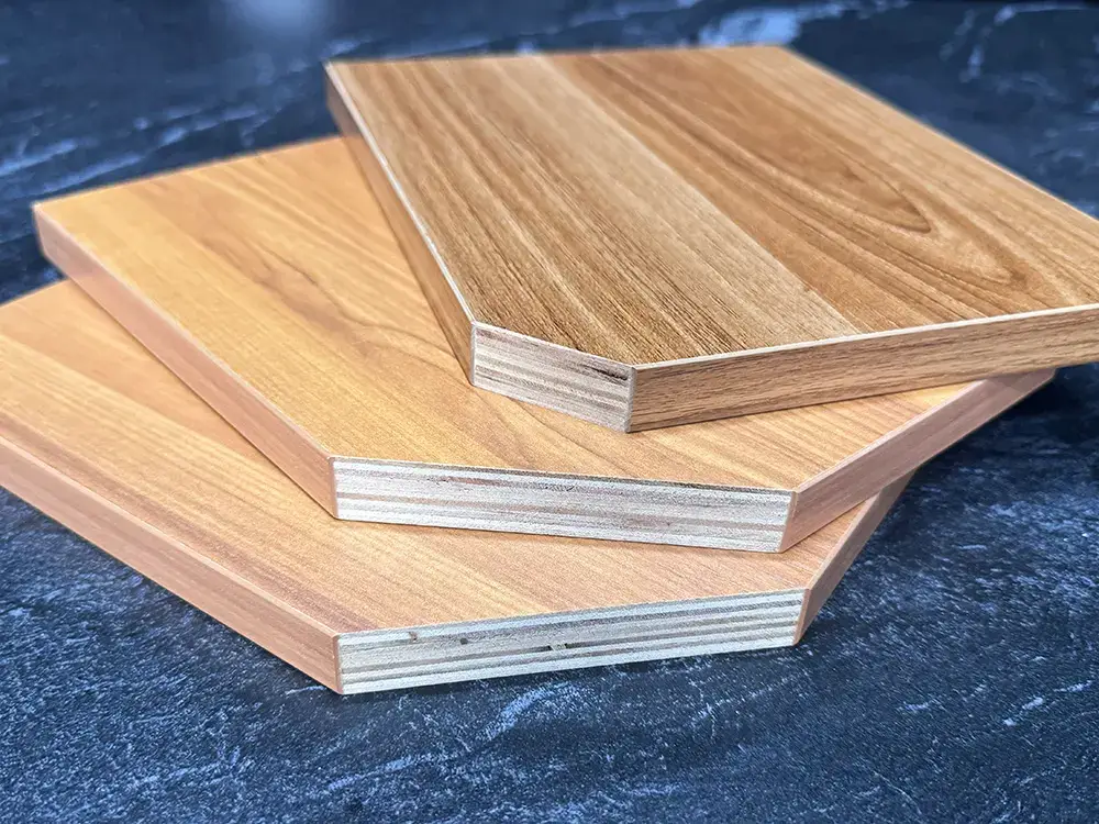 High pressure laminate finish bonded to multi-layer plywood core for commercial and residential kitchen cabinetry.