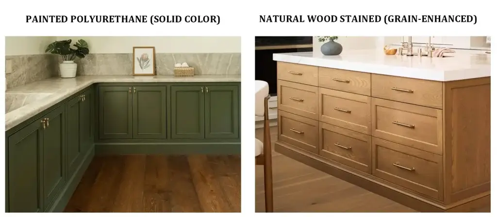Direct comparison between dark olive green painted shaker kitchen cabinets and natural white oak wood stained island casework