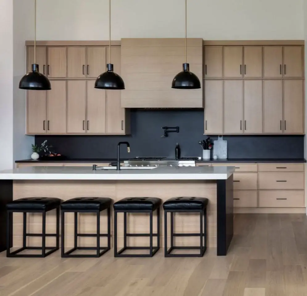 Slim shaker cabinet door featuring micro 3/8-inch in natural rift-sawn white oak with integrated concealed hinges.