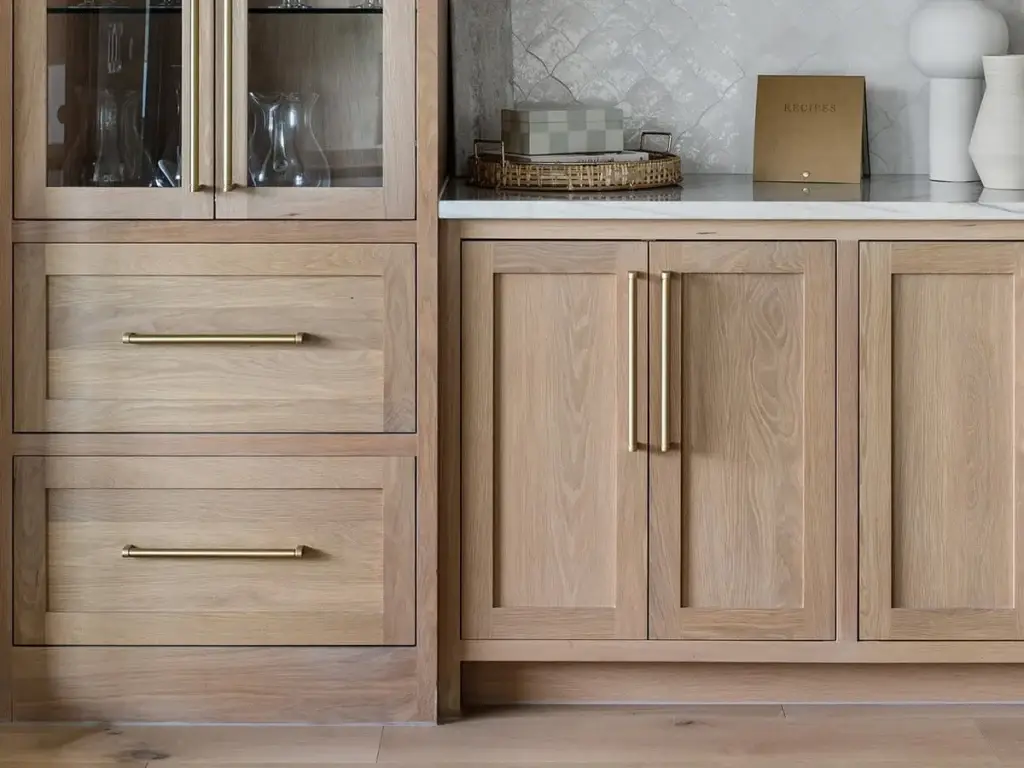 Stained oak kitchen cabinets door finish sample with visible wood grain