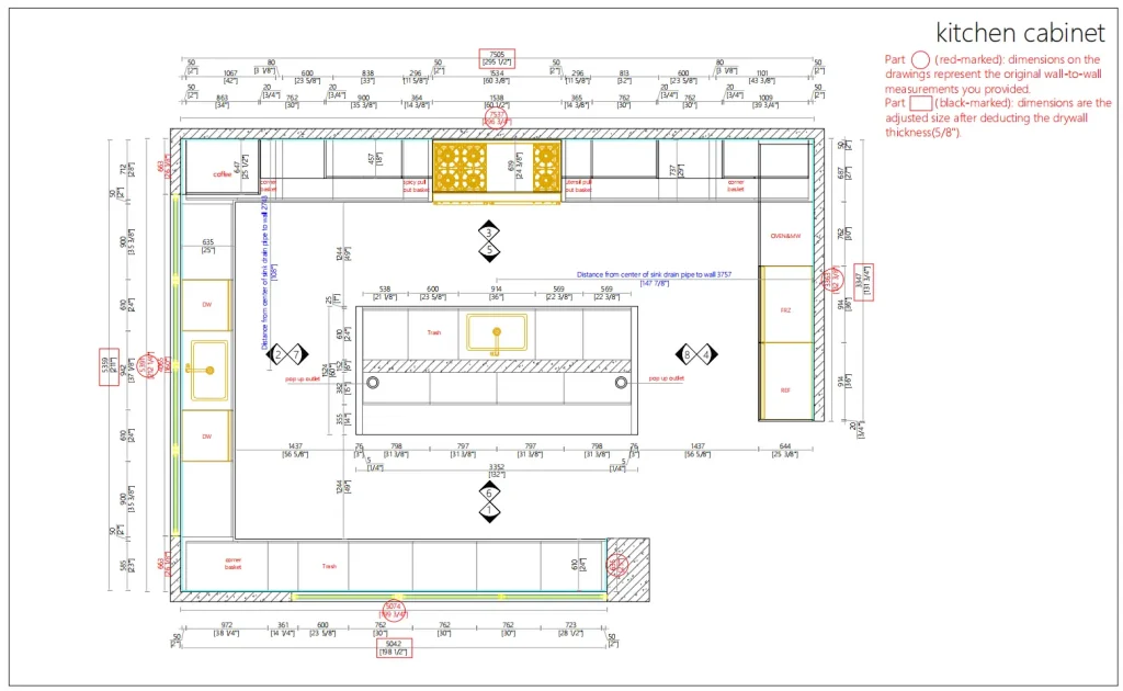 Dual-dimensioned metric and imperial CAD shop drawing floor plan for modern Italian kitchen casework layout