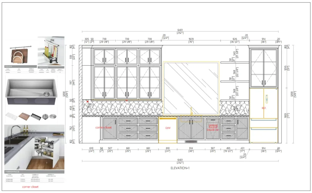 Photorealistic 3D rendering matching CAD elevation with mushroom lacquer upper cabinets and fluted white oak base drawers