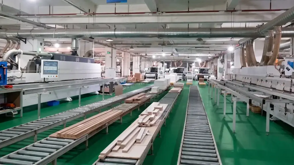 Automated roller conveyor lines and industrial edge banding machinery at ALLAND Custom Cabinetry manufacturing plant