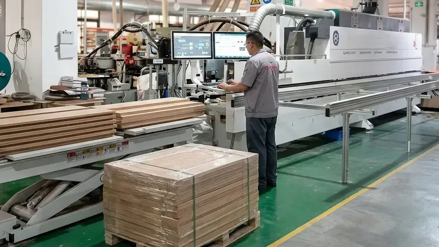 ALLAND Custom Cabinetry technician operating dual-screen CNC edge processing machinery with stacked architectural panel subcomponents