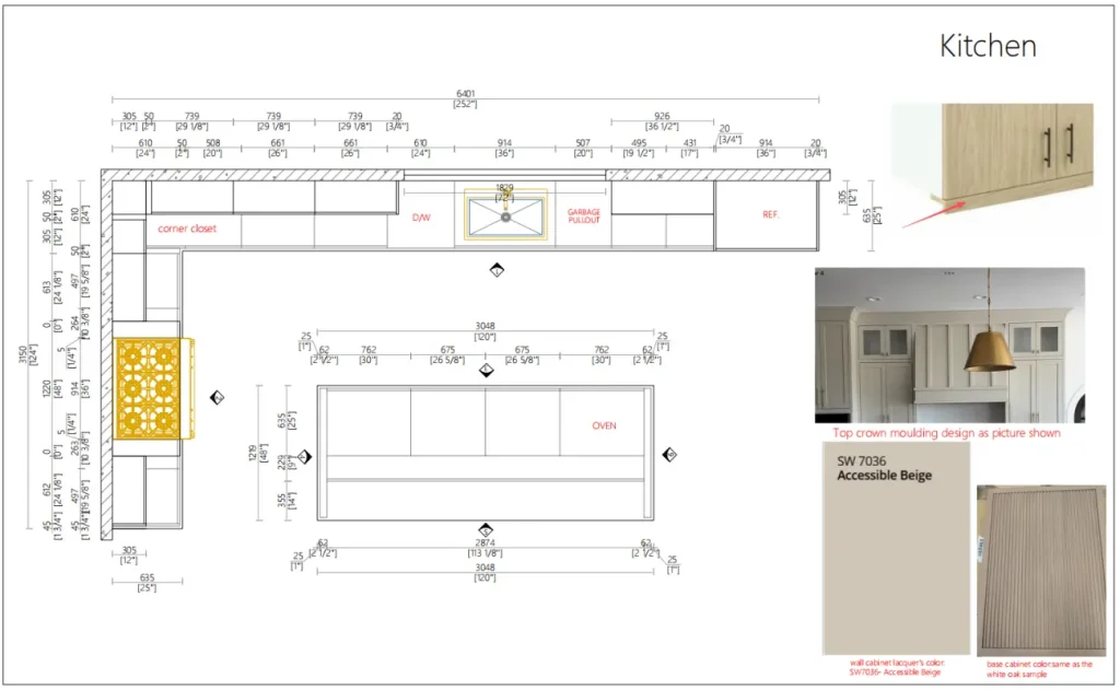 Kitchen floor plan shop drawing with SW 7036 finish specification and custom island layout for new home construction