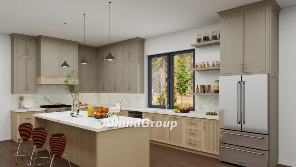 Photorealistic 3D rendering matching CAD elevation with mushroom lacquer upper cabinets and fluted white oak base drawers