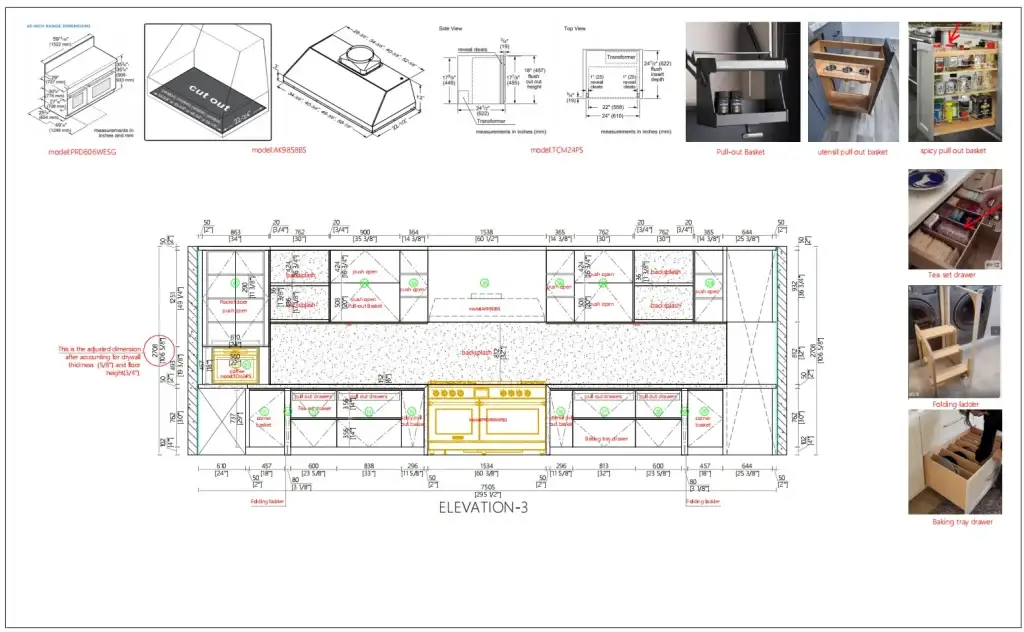 Detailed kitchen elevation CAD drawing specifying pro-range clearances, pull-out spice baskets, and concealed drawer mechanics