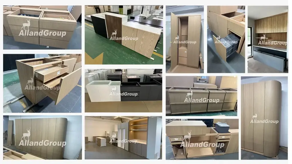 ALLAND custom minimalist flat slab kitchen cabinet doors featuring seamless grain matching and dead-matte polyurethane finishes