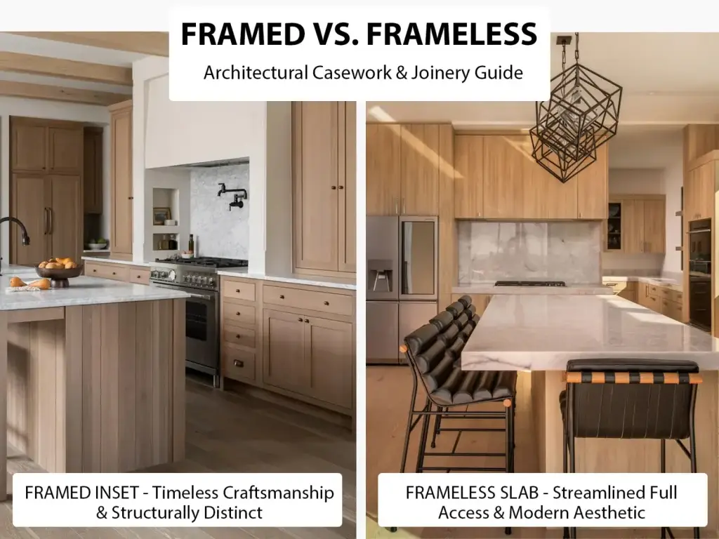 Side-by-side comparison of framed inset vs frameless slab white oak custom kitchen cabinets for architectural casework specification