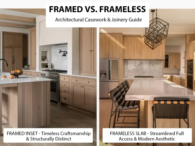 Side-by-side comparison of framed inset vs frameless slab white oak custom kitchen cabinets for architectural casework specification