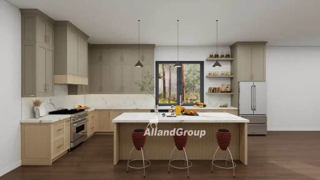 Open concept luxury kitchen featuring fluted white oak island and tall perimeter millwork manufactured by ALLAND Custom Cabinetry