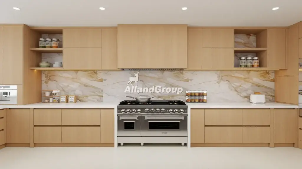 Flat panel white oak veneer modern Italian kitchen cabinets with monolithic range hood cover and horizontal Gola channels