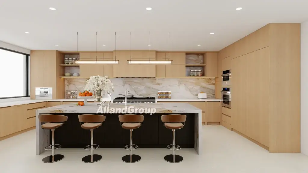 Open-concept modern Italian kitchen cabinets with flat white oak veneer fronts and marble waterfall island
