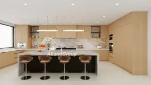 Open-concept modern Italian kitchen cabinets with flat white oak veneer fronts and marble waterfall island