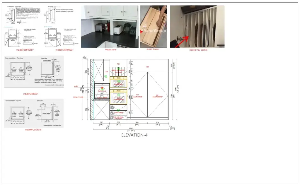 AD elevation submittal for integrated refrigerator columns and concealed pocket door breakfast station