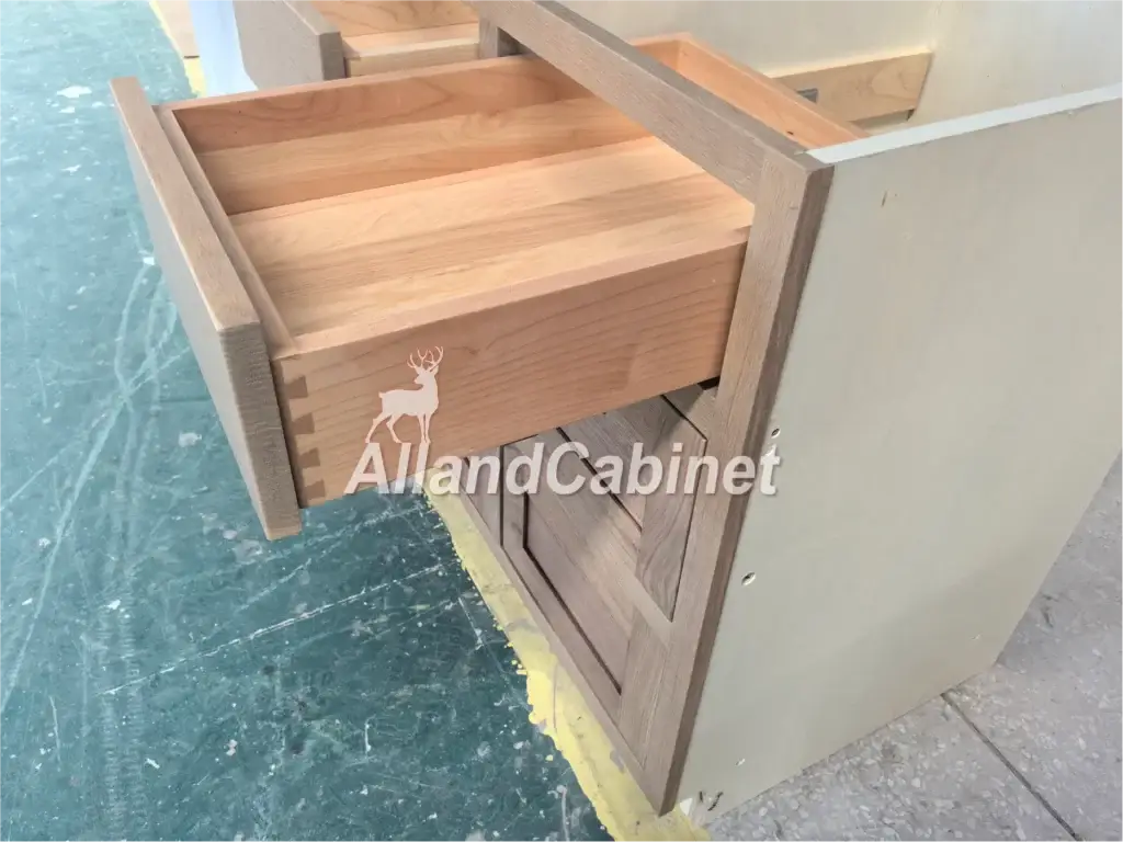 Solid hard maple dovetail cabinet drawers integrated inside custom white oak shaker vanity carcass