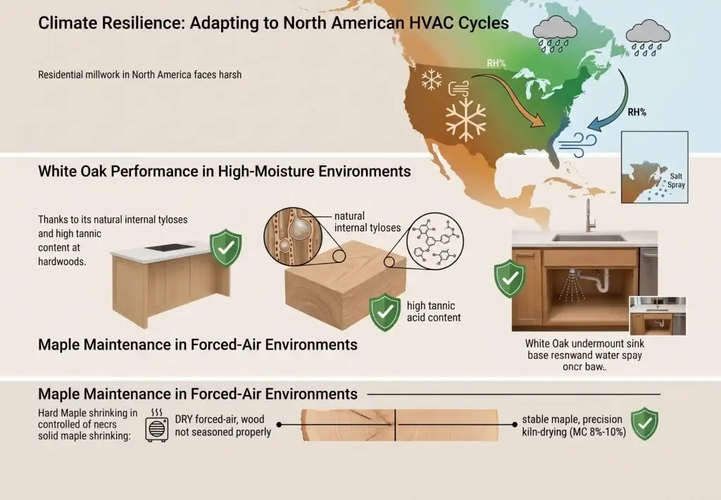 Infographic showing white oak and maple cabinets climate resilience across North American HVAC seasonal humidity shifts