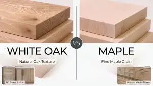Direct comparison between white oak vs maple cabinets showing lumber grain and finished shaker kitchen units