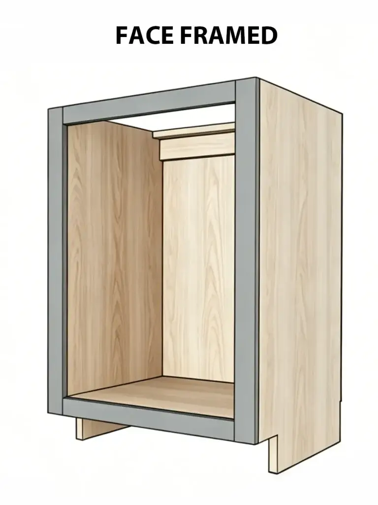 Anatomy of an American face frame cabinet box showing solid hardwood stiles and rails attached to carcass
