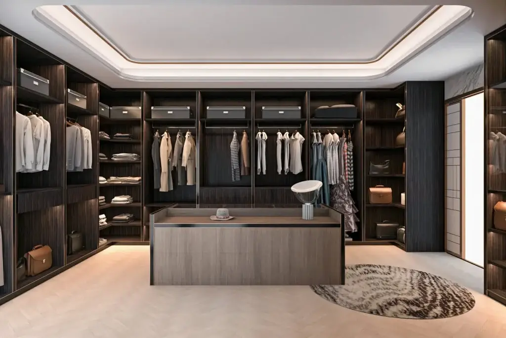 Full-room custom walk-in closet system with illuminated glass vitrines and integrated shelving storage