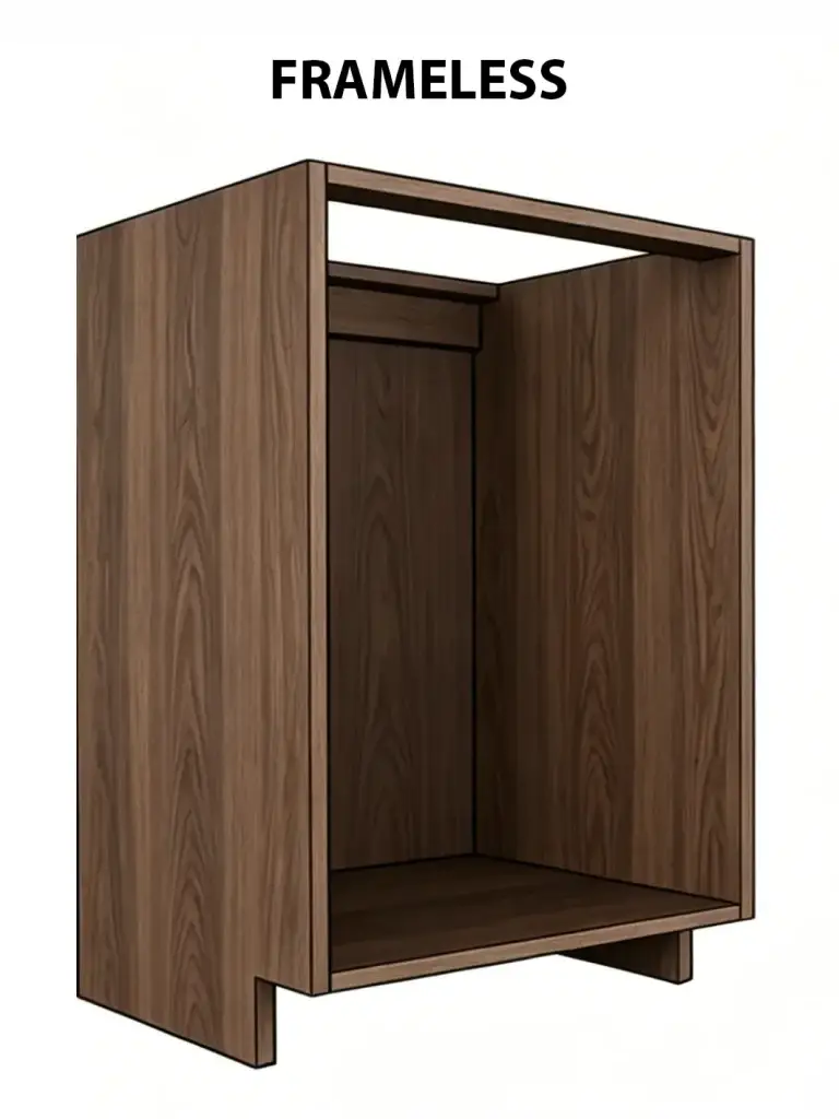 Anatomy of a European frameless full-access cabinet box with edge-banded panels and open perimeter