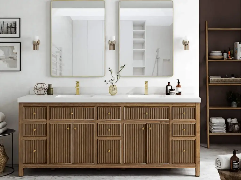 Freestanding double-sink bathroom vanity featuring 3D CNC fluted drawer fronts, natural oak finish, and quartz countertop.