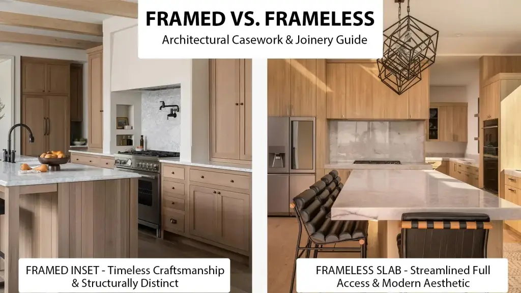 Architectural comparison between American framed inset cabinets and European frameless slab white oak casework