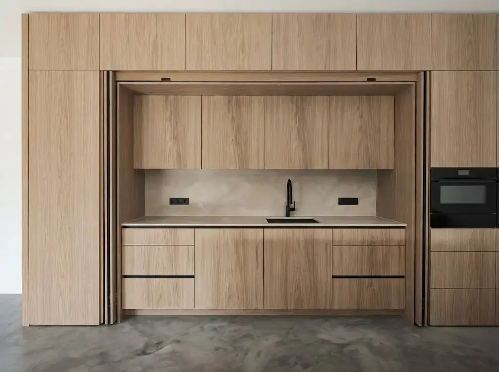 Modern luxury hidden kitchen cabinets with pocket doors retracting into side recesses to reveal a functional prep station