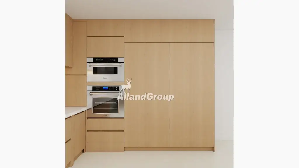 Flat panel white oak veneer modern Italian kitchen cabinets with monolithic range hood cover and horizontal Gola channels