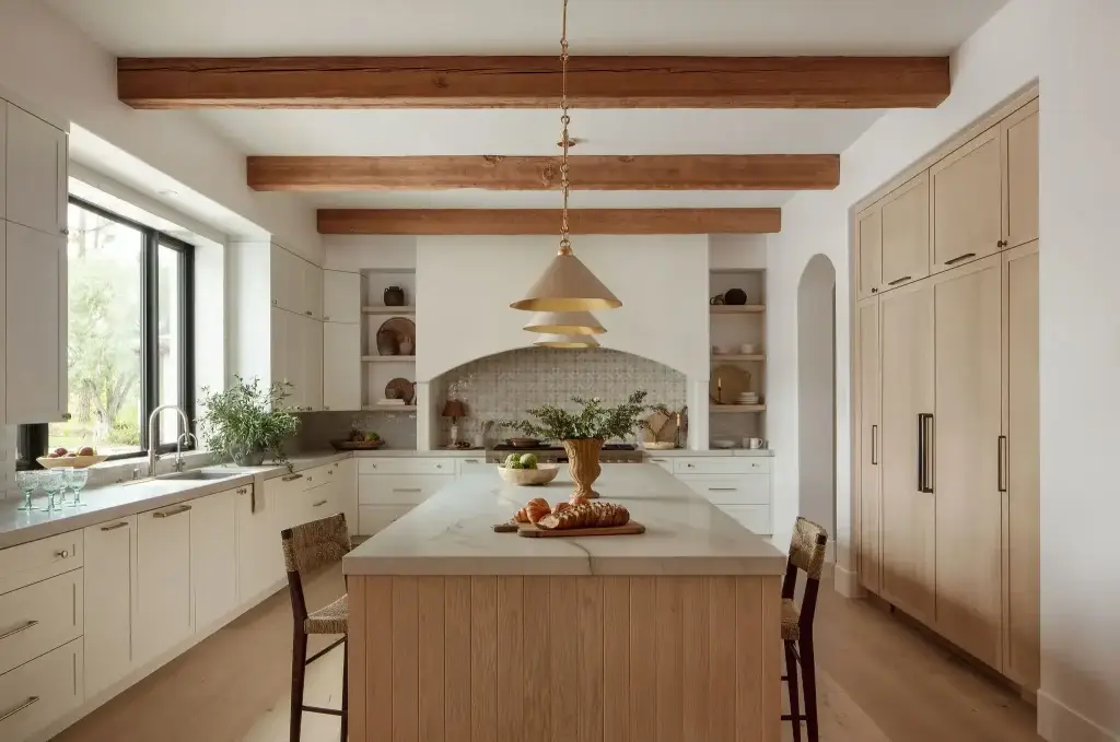Center perspective of minimalist kitchen ideas featuring a fluted white oak island, arched plaster range hood, and timber beams.