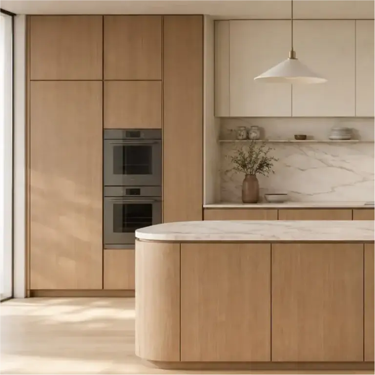 Modern organic minimalist kitchen cabinets featuring curved islands and tall pantry units