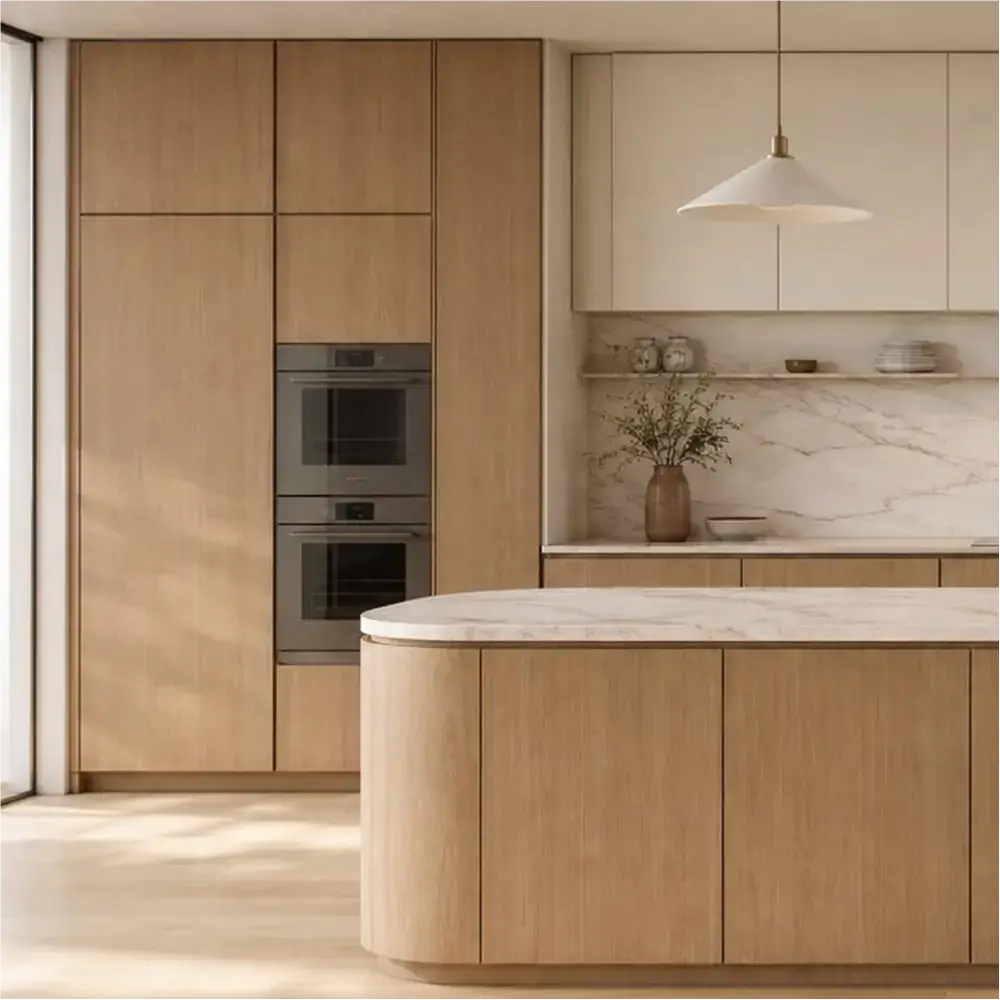 Modern organic minimalist kitchen cabinets featuring curved islands and tall pantry units