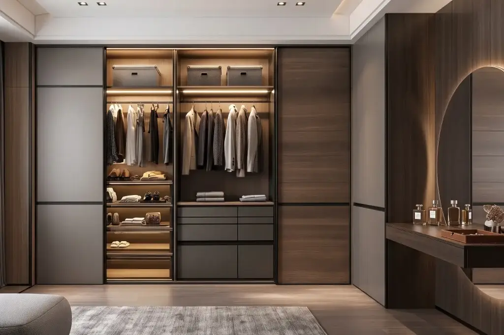 Custom modern wood sliding door wardrobe system featuring top-hung soft-close tracks, integrated LED lighting, and built-in vanity desk