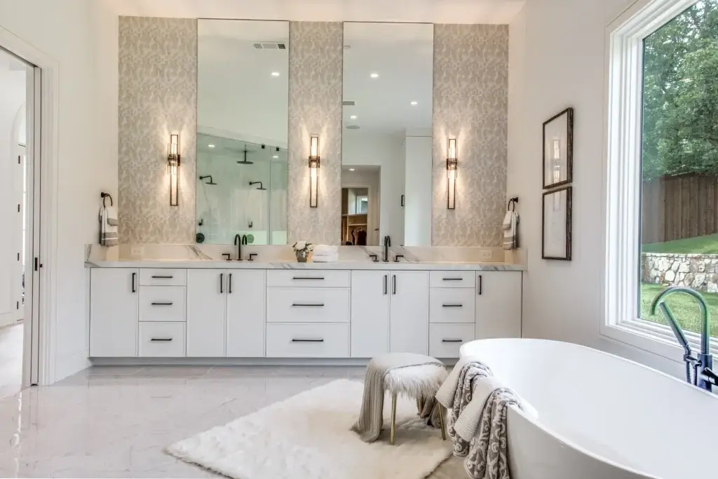 Slim shaker vanity straight-on elevation with seamless drawers and twin vertical vanity mirrors