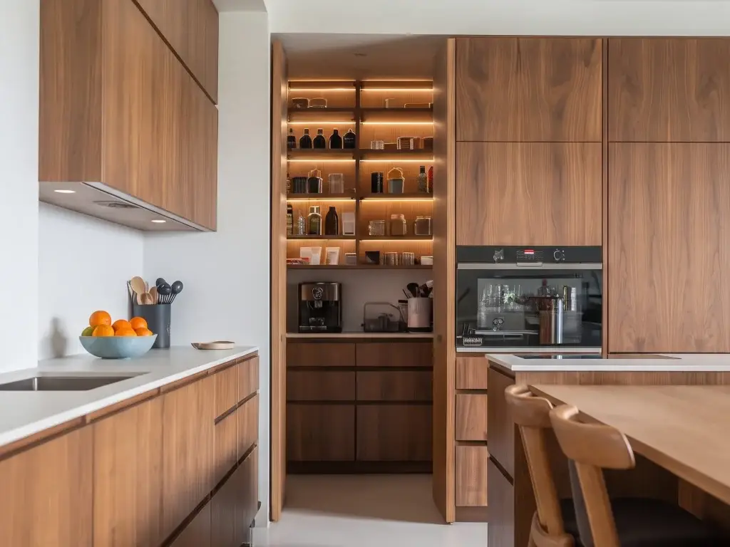 A custom walk-in concealed pantry with integrated LED shelving hidden behind a flush wood-paneled wall in a modern luxury kitchen