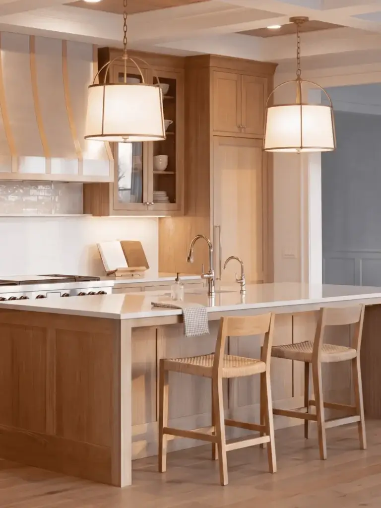 Wide kitchen perspective with warm wood tone kitchen cabinets and woven counter stools under pendant lights.