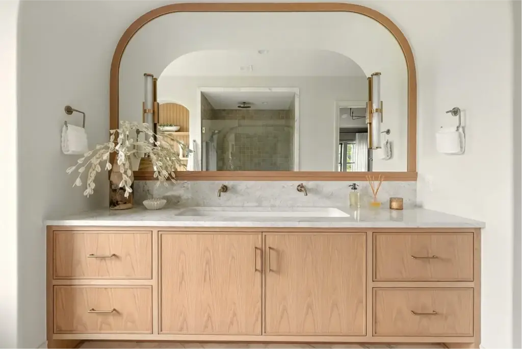 White oak shaker inset vanity elevation with slim shaker drawers and dual wall mount faucets