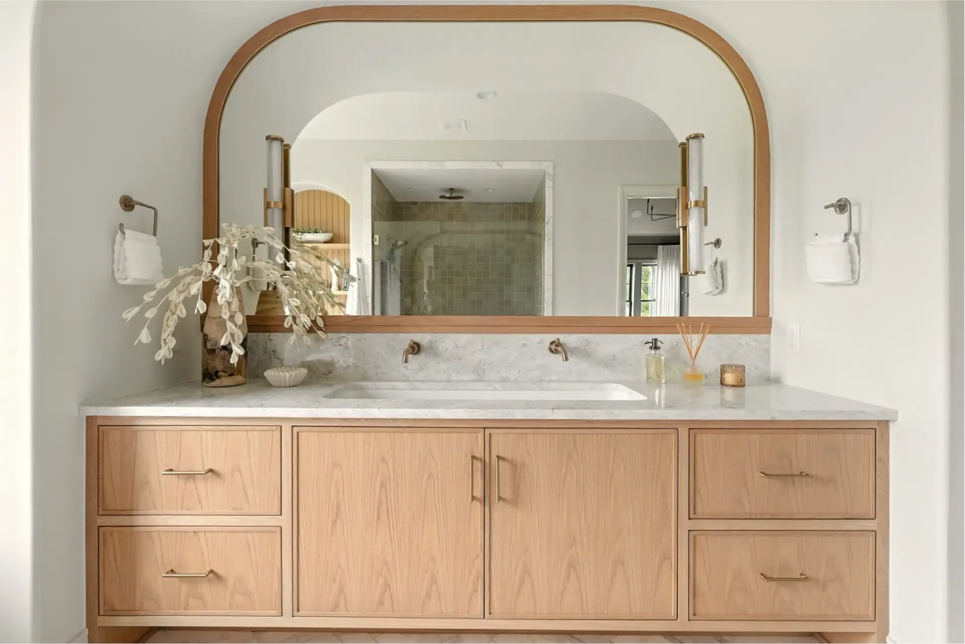 White oak shaker inset vanity elevation with slim shaker drawers and dual wall mount faucets