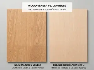 Material comparison showing natural white oak wood veneer sample with open grain pores next to an engineered melamine TFL sample with uniform texture