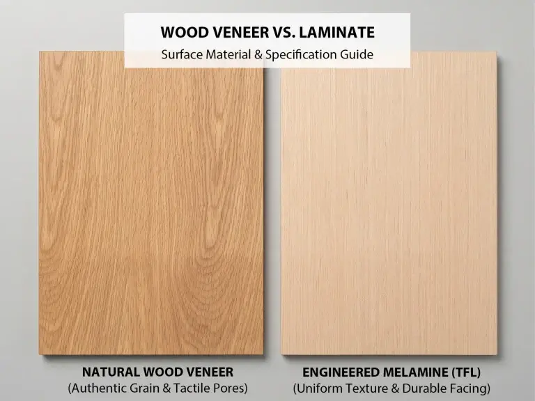 Material comparison showing natural white oak wood veneer sample with open grain pores next to an engineered melamine TFL sample with uniform texture