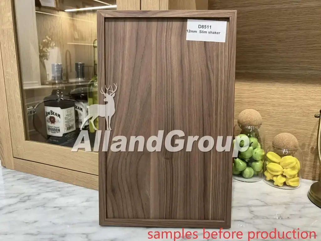 ALLAND physical 12mm slim shaker American walnut cabinet door sample for pre-production approval