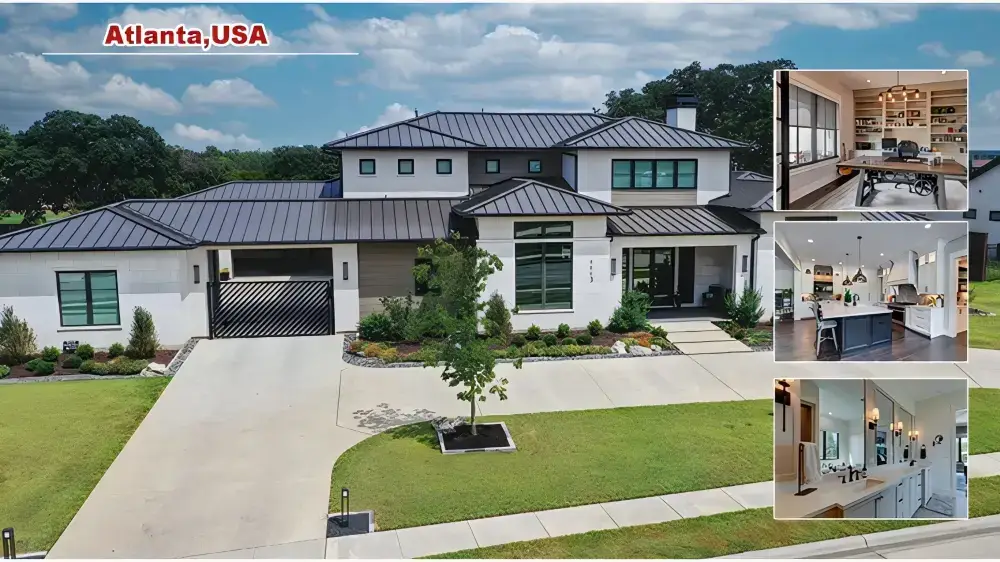 Modern metal-roof luxury estate exterior with custom kitchen casework in Atlanta Georgia