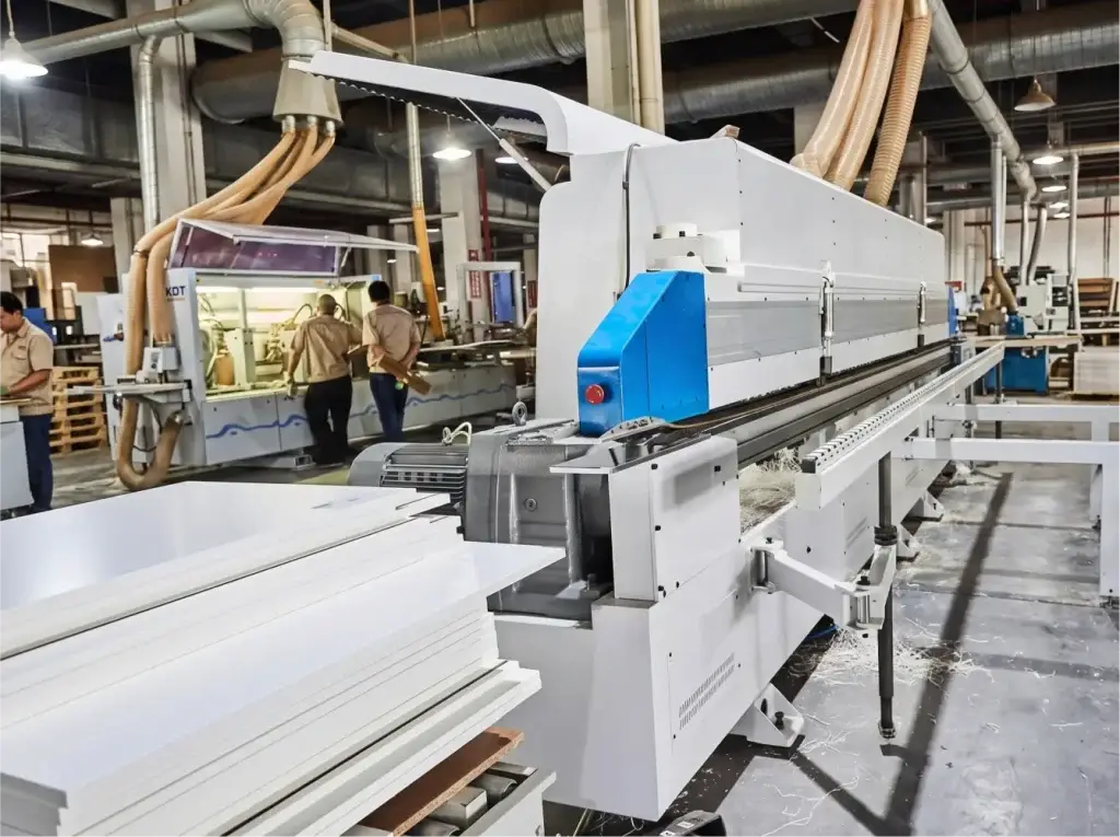Automated heavy-duty edgebanding machine applying PUR edge banding to custom cabinet panels in ALLAND manufacturing facility