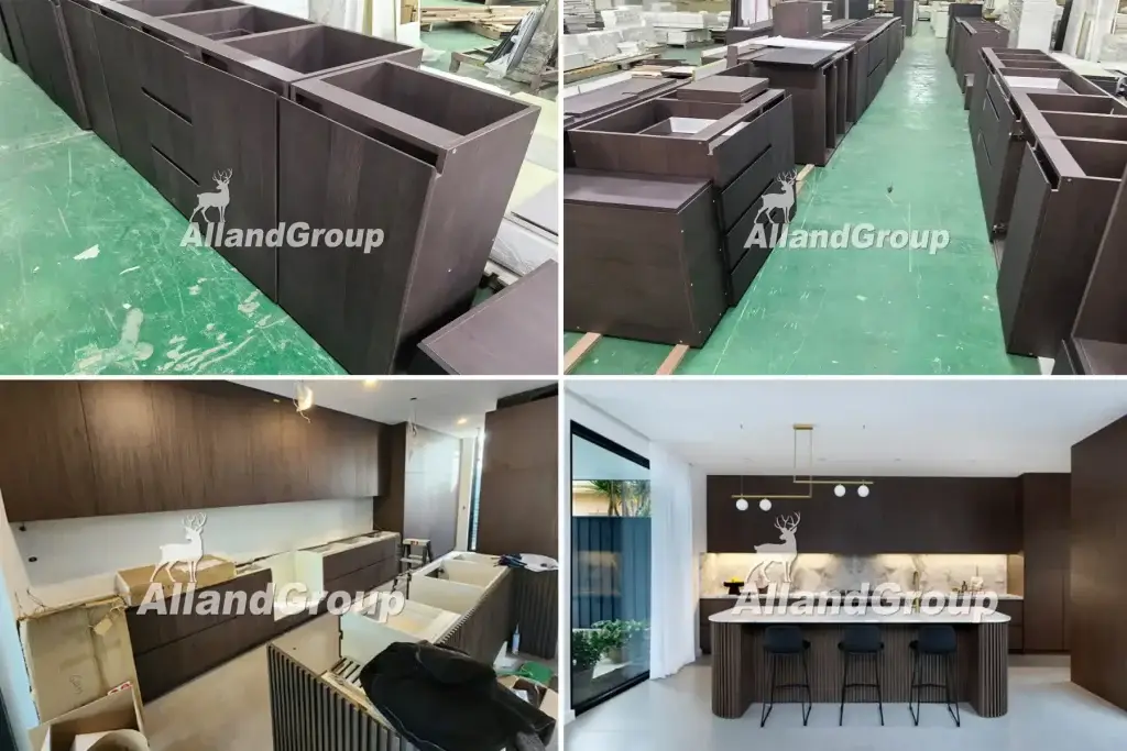 A 4-step photographic sequence by AllandGroup showing custom cabinet assembly in the factory, on-site installation, and final luxury kitchen completion