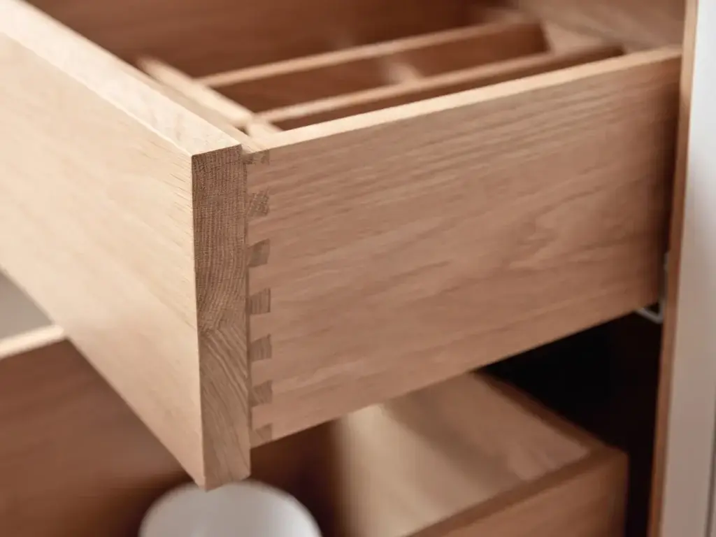 Close-up of an open solid oak cabinet drawer with traditional dovetail joint construction, showcasing a custom cutlery organizer insert and lower drawer stack by ALLAND