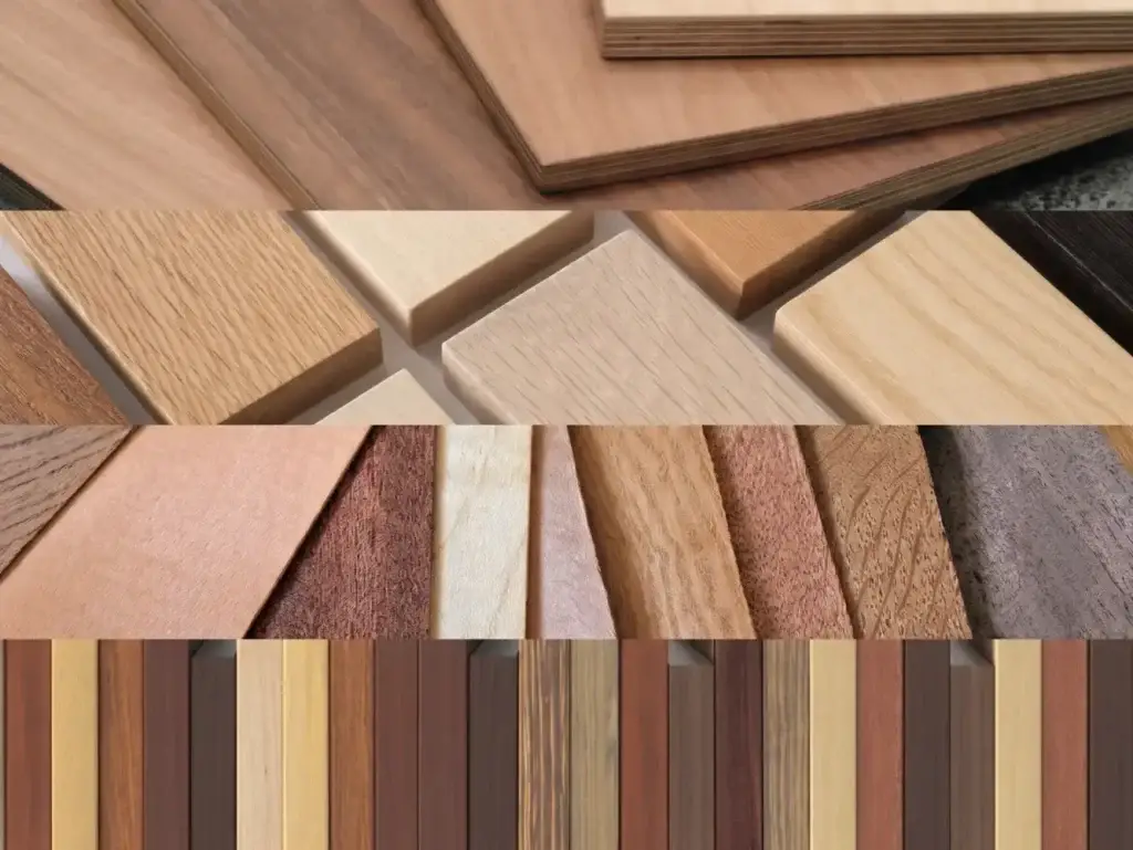 featuring stacked multi-ply plywood, solid wood blocks, fan-shaped wood veneers, and vertical wood samples on a workbench.