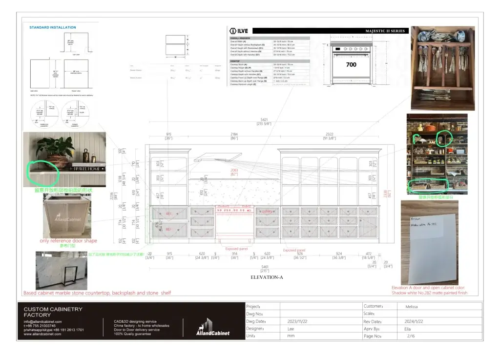 CAD shop drawings for fluted white oak cabinets kitchen range elevation and Italian oven rough-in