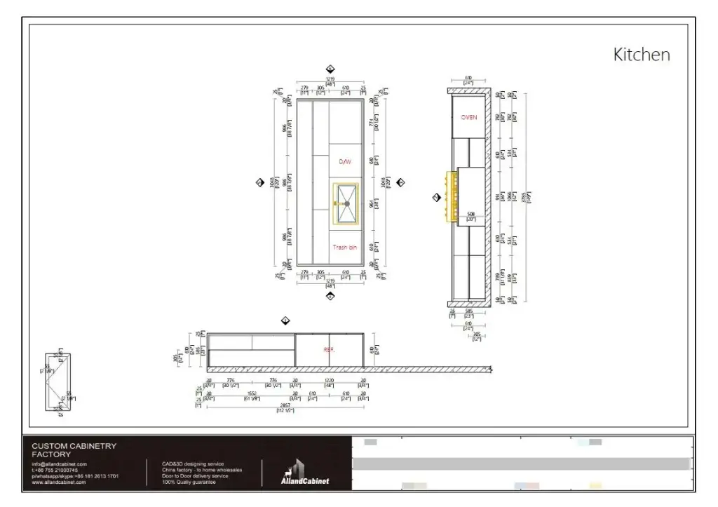 Production-ready CAD shop drawings for custom wood veneer kitchen cabinet elevation