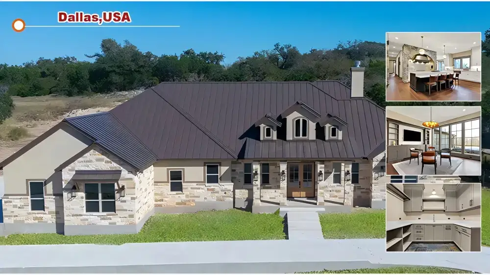 Custom stone estate exterior with transitional kitchen and laundry cabinetry in Dallas Texas