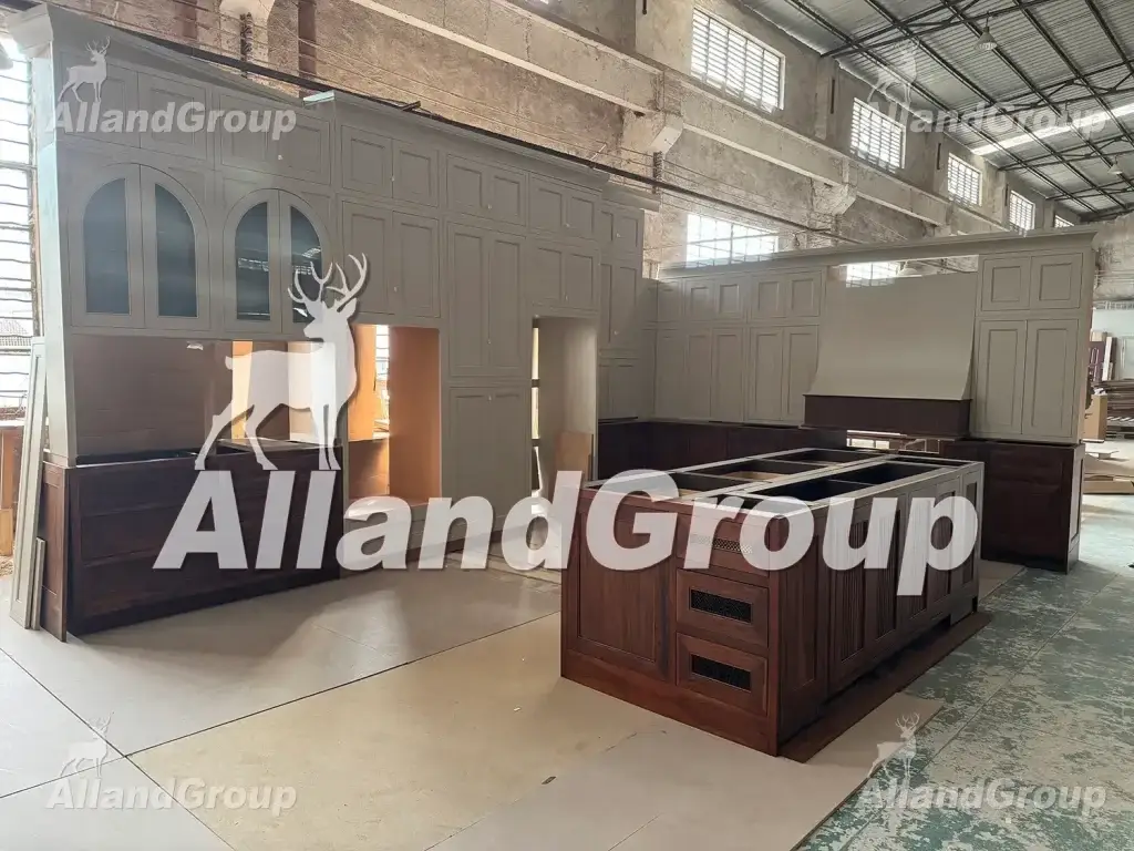 ALLAND factory workshop 1:1 dry-fit pre-assembly inspection of modern two-tone walnut kitchen cabinets